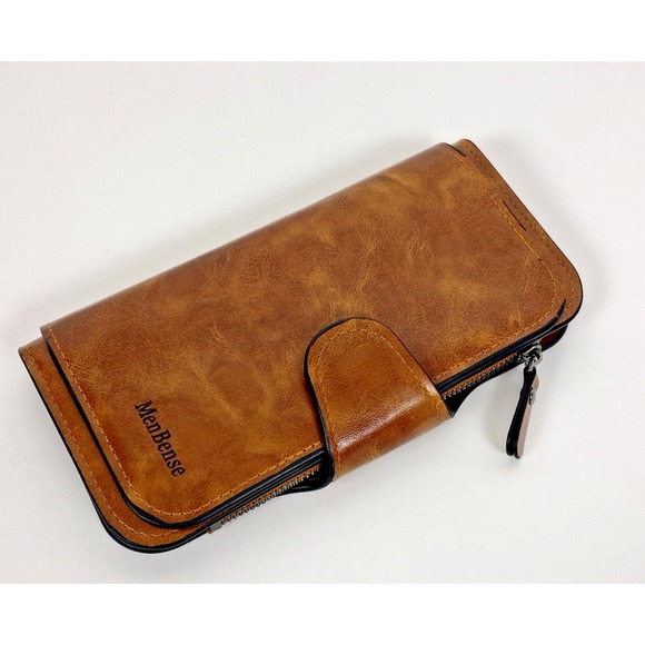 Menbense Handbags - Menbense Minimalistic Oilwax PU Leather Ladies 7" Long Wallet Brown